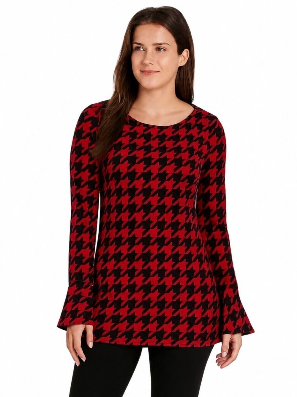 Chaus Red Black Houndstooth Bell Sleeve Top Size Small